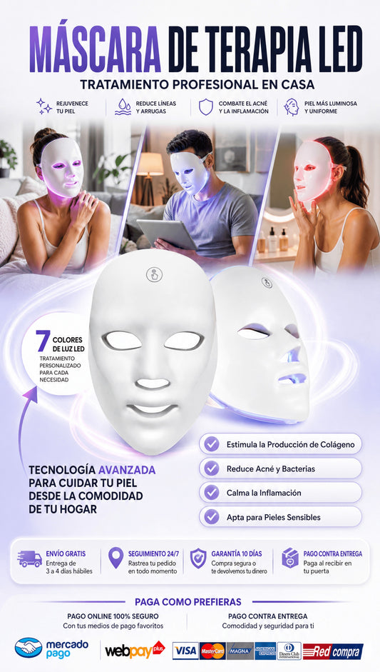 Mascara Facial LED | Fototerapia de 7 Colores | SPA en casa